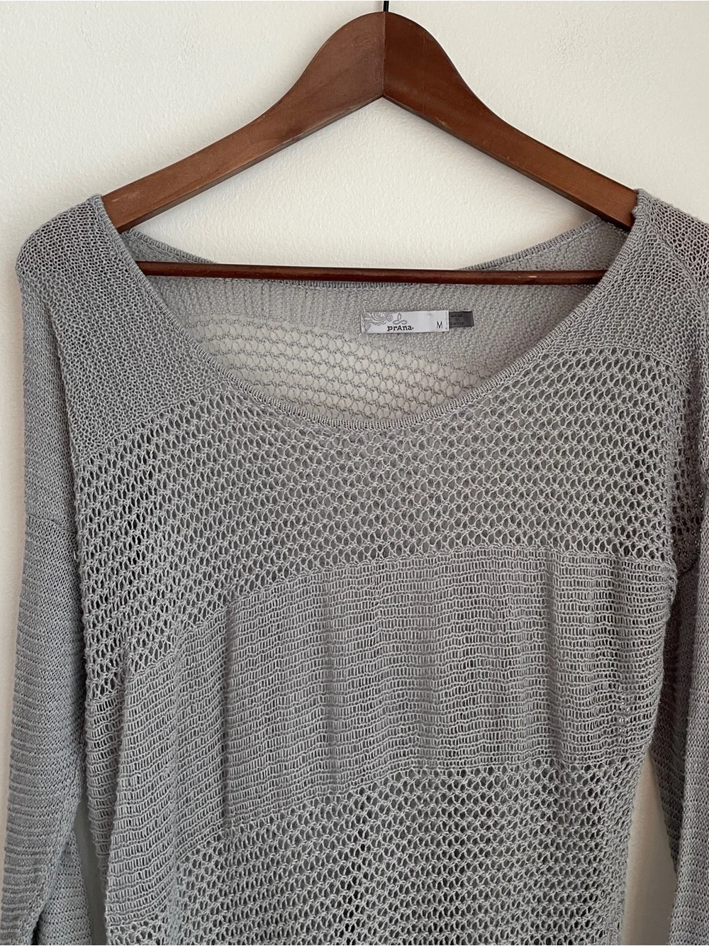 PrAna Sweater Open Knit V-Neck Gray Asymmetric Hem Mesh Panel Granola Gorpcore